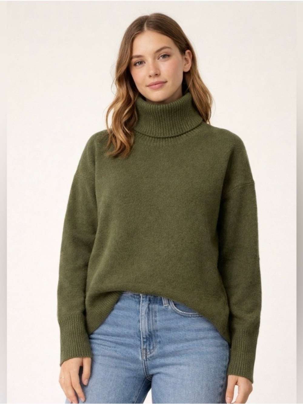 J Crew Relaxed Oversized Turtleneck Sweater Olive Moss Green Wool Angora Blend